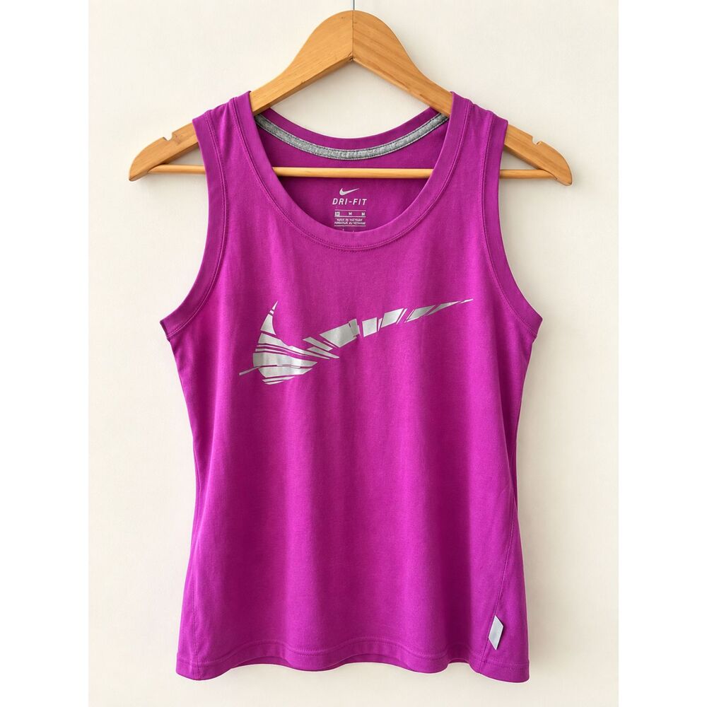 Nike Dri-FIT Women’s Medium Purple Tank Top Metallic Swoosh Running Athletic